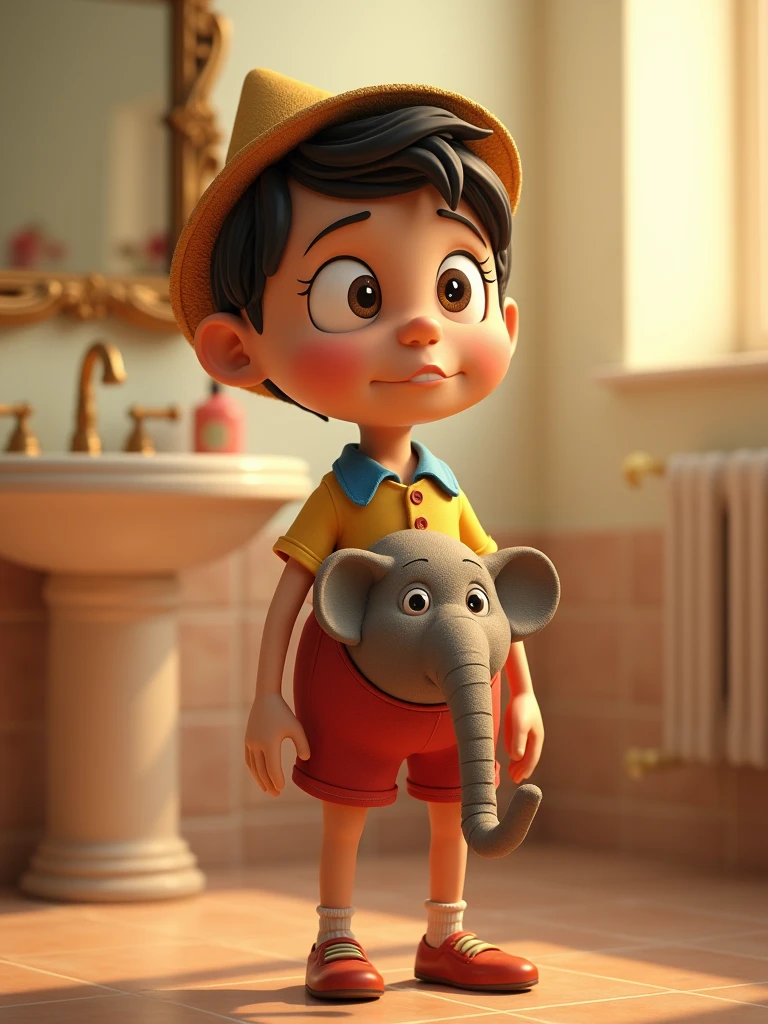 This image shows a cartoon character with the characteristics of the character Pinocchio in the style of a cartoon Pinocchio illustration, with big eyes, thick eyebrows, long nose, and a surprised expression. The character is naked, with a simple design, and has a small mammoth head between his legs, lower abdomen area, in the bathroom is an illustration, 3D style, especially for fun or funny content, 8k sharp, warm light, beautiful colors.