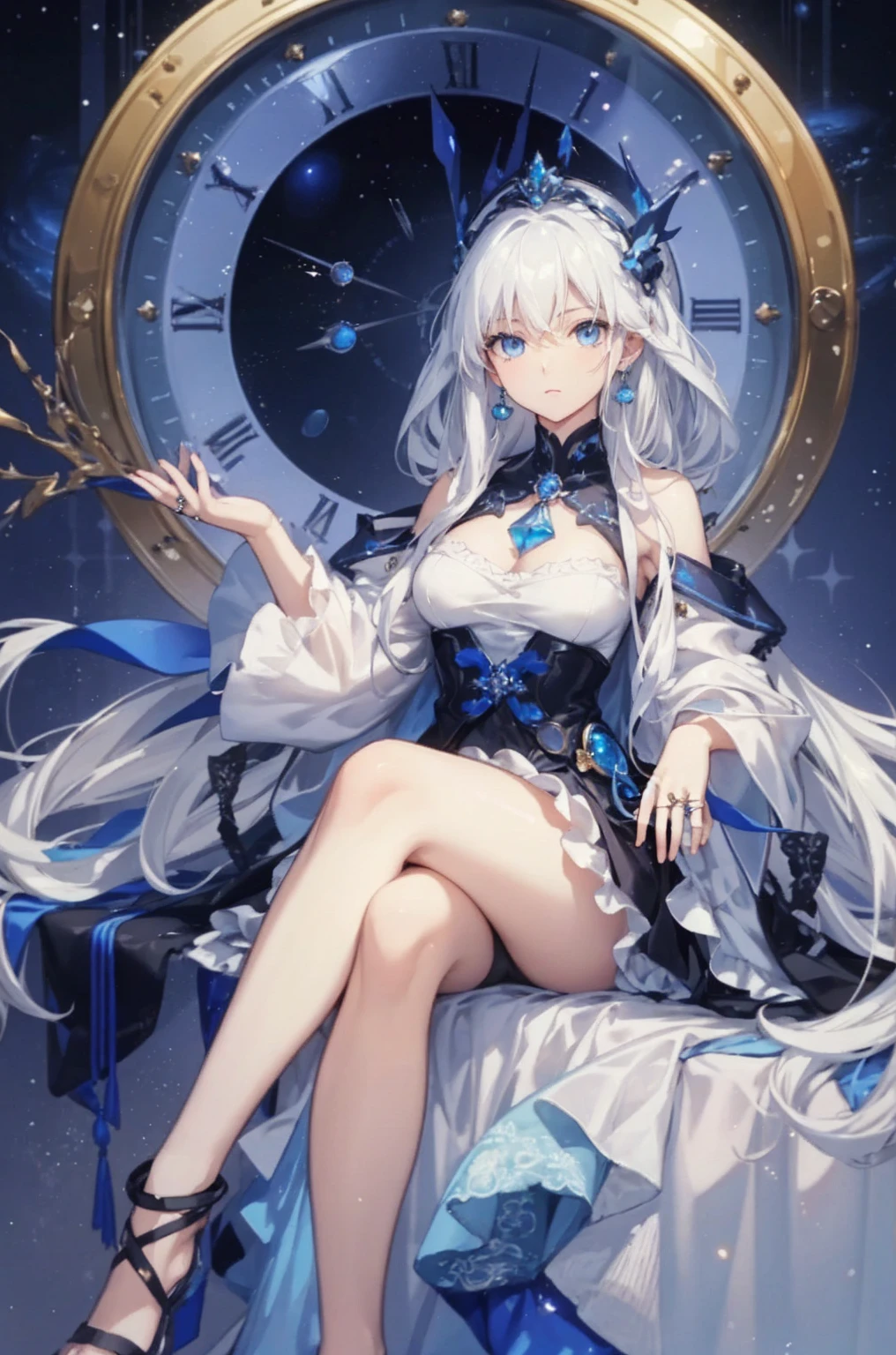 high resolution,woman, long hair, blue eyes, white hair,earring,Rings on the head, chest, decorationsผม, decorations, scope clock, best quality, Rings on the head, simple background, Proximity,serious,square around,universe,Floating Island,Black hole,Dress,sea