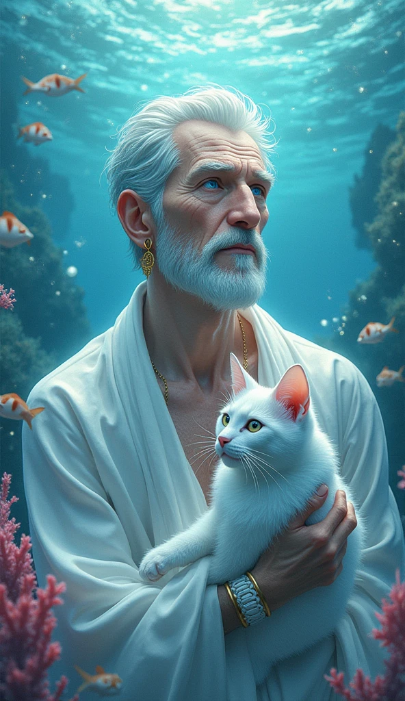 masterpiece, best quality, 8K resolution, very detailed, hairy,blue eyes, gray hair, Short hair, water elements, Underwater background, White cat, White skin, white stripes, White bracelet, corals,bubble, Gold earrings