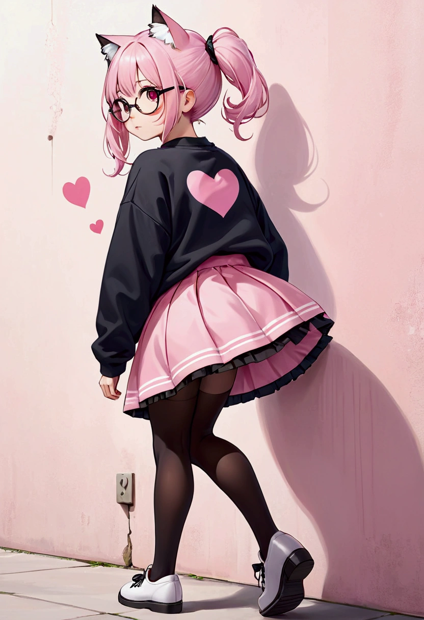 I have white pink hair, cat ears, a bun, my face is super blushing, black glasses, pink heart eyes, a big pink sweatshirt, a black skirt, black stockings, white shoes, a cat's tail, a girl. very shy that she is glued to a wall with her butt