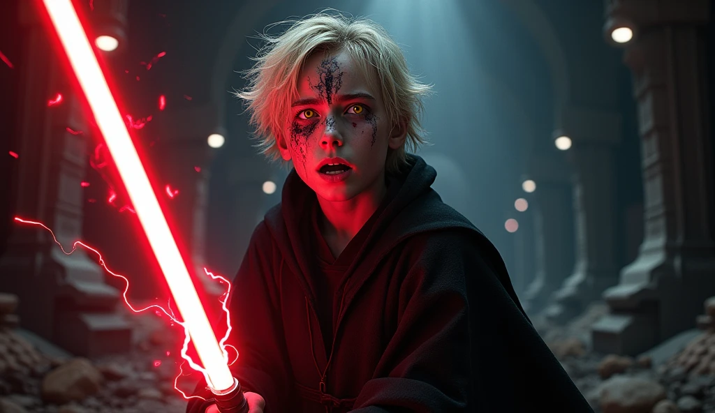 Character based on the world of Star Wars, a 15 years teenager male sith lord, dark blonder short haired, yellow eyes, dark simple cloats, inside a dark sith temple, high realism, perfect anatomy, perfect eyes, blood crying, broken sith mask, fontal, screaming, red lightsaber in his right hand, blue lightnings in his left hand
