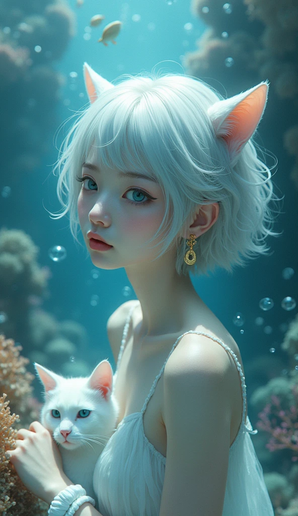 masterpiece, best quality, 8K resolution, very detailed, hairy,blue eyes, gray hair, Short hair, water elements, Underwater background, White cat, White skin, white stripes, White bracelet, corals,bubble, Gold earrings