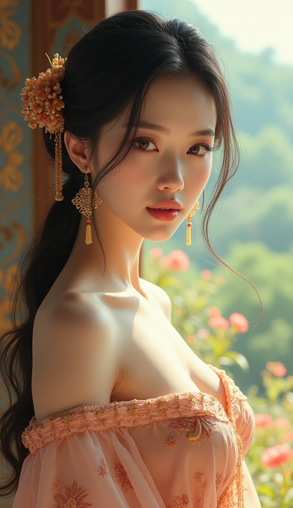 (Highest quality,masterpiece:1.3), (Beautiful Eyes: 1.2), ((One person)), ((alone)), (Beautiful Eyes and exquisite face:1.3), (Beautiful and vivid background: 1.2), (Very detailedCG, Very detailed, Best Shadow: 1.1), ((Depth of written boundary)), ((watercolor)), (They are: 1.5), (Sexy Ao Dai: 1.3), Big Breasts , Exposing shoulders, Looking into the camera,Beautiful concept art,(Very delicate: 1.1), (Perfect detail: 1.1), profile, Cowboy Shot,