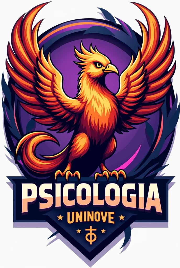 Create a mascot image for the Psychology course. The phoenix must have a confident and empowered posture, symbolizing strength and overcoming. He should be holding the Psychology symbol Ψ with an expression of determination.. Use colors that represent Psychology, like purple , no design, swirly vibrant colors. Include the name 'PSICOLOGIA UNINOVE' in bold, with typography that conveys power and professionalism. The mascot's style should be aggressive and inspiring., with features that show power and resilience. Design should reflect the spirit of support, development and reception of the group, incorporating additional symbols related to Psychology, significant elements for the course and practice of Psychology. Make a logo and use it on social media. same color background, animal on fire and put the psychology dimbolo
