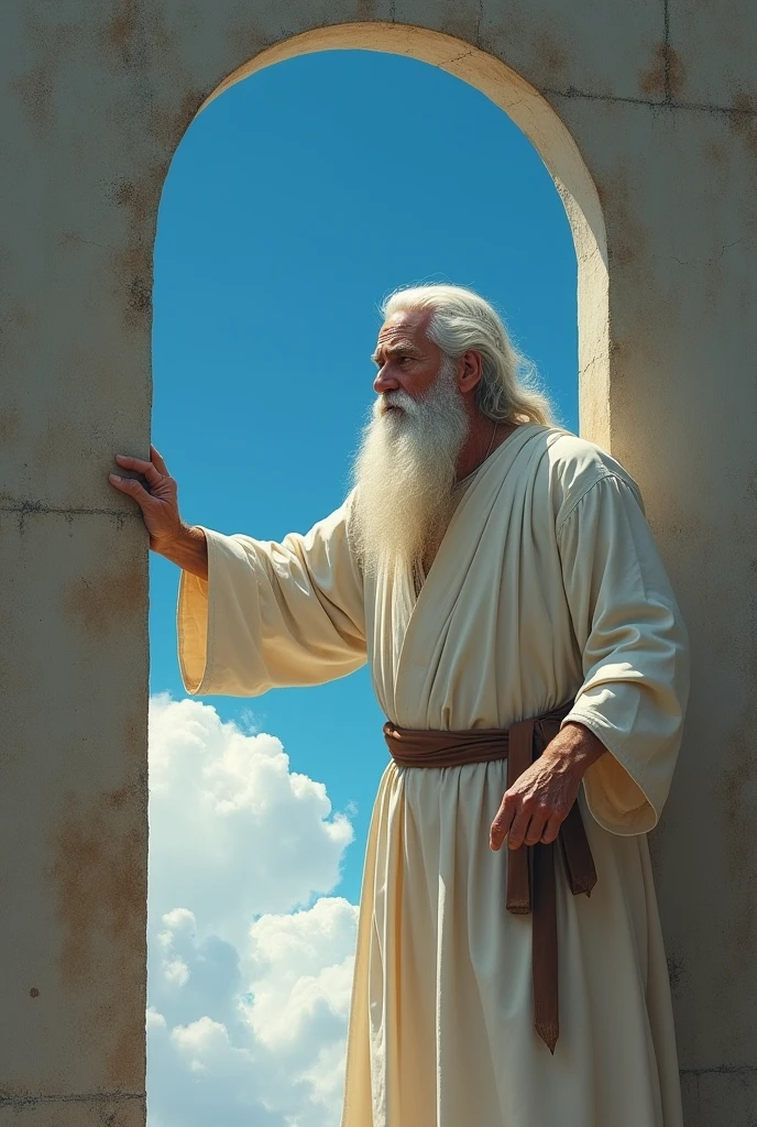 Create an old man dressed in a white robe in the style of biblical times, white beard and white hair standing trying to close a narrow white door from the inside in the sky 