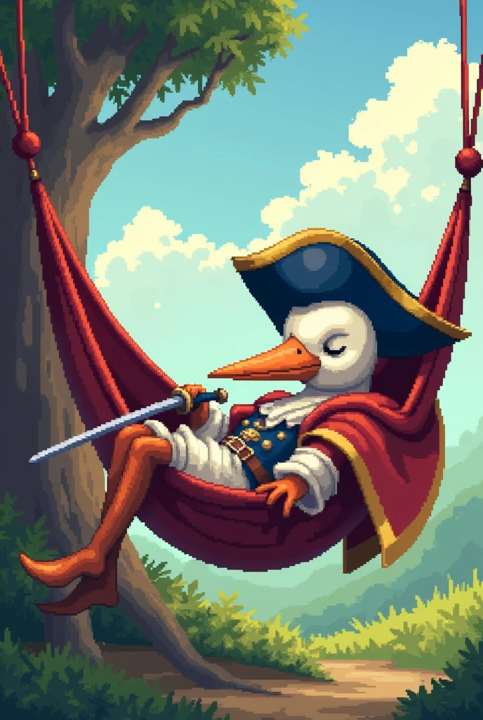 Create an anthropomorphic stork in a musketeer outfit that is sleeping in a hammock while holding a thin sword all with a retro gaming pixel texture