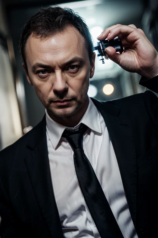 The Saxon master John simm with black suit white shirt and black necktie în bucharest with a laser screwdriver