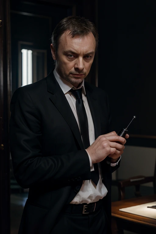 The Saxon master John simm with black suit white shirt and black necktie în bucharest with a laser screwdriver