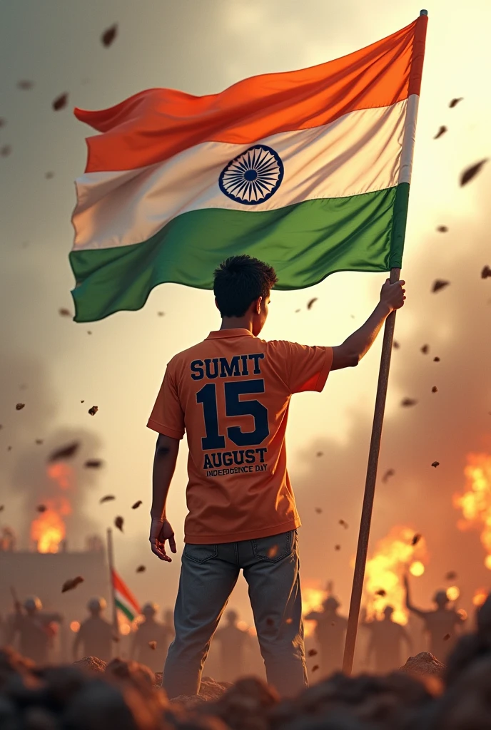 A 18 years old boy salutes the national flag of Bharat and flag around like war situation and he is wearing a shirt print is like Bharat flag and “SUMIT” and 15 august and INDEPENDENCE DAY in small written on it’s back in big and bold fonts, 3d illustration

