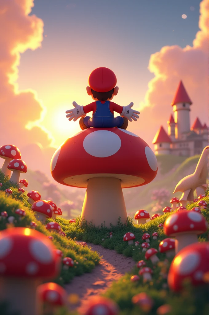 Nintendo Mario sitting on Giant Red Mushroom with white circles, in the Mushroom Kingdom, looking at the horizon, sunset, Mushroom Kingdom background with Peach's Castle, Mario has his hands open from side to side,