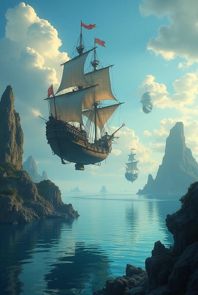 "(by Greg Rutkowski: 1.2), (masterpiece), ((best quality)), extremely delicate and beautiful, illustration, dynamic lighting, (fantasy landscape), A mesmerizing fantasy landscape with enchanting elements blending seamlessly. ((final fantasy flying ship, flying above ocean)), A sense of tranquility and wonder fills the air, inviting exploration and discovery. Providing a distant view that captures the grandeur and atmosphere. From Brian Froud and Carne Griffiths and Wadim Kashin and John William Waterhouse, 8K post-production, high resolution, ((highly detailed)), depth of field, HDR, intricate",View from the deck of a pirate ship sailing on the sea in the distance is a giant sea monster