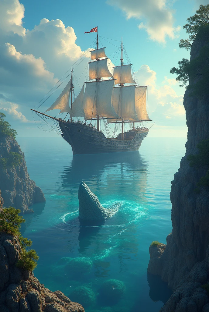 "(by Greg Rutkowski: 1.2), (masterpiece), ((best quality)), extremely delicate and beautiful, illustration, dynamic lighting, (fantasy landscape), A mesmerizing fantasy landscape with enchanting elements blending seamlessly. ((final fantasy flying ship, flying above ocean)), A sense of tranquility and wonder fills the air, inviting exploration and discovery. Providing a distant view that captures the grandeur and atmosphere. From Brian Froud and Carne Griffiths and Wadim Kashin and John William Waterhouse, 8K post-production, high resolution, ((highly detailed)), depth of field, HDR, intricate",View from the deck of a pirate ship sailing on the sea in the distance is a giant sea monster