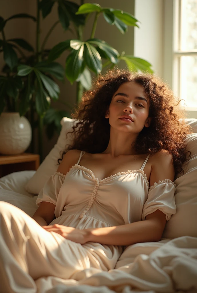 (photorealism:1.2), beautiful woman, sitting on bed, wearing loose off-shoulder top, pajama pants, long curly hair, indoors, soft lighting, plants in background, window with sunlight, cozy room, relaxed pose, realistic, intricate details, warm colors, by Greg Rutkowski, by Alphonse Mucha