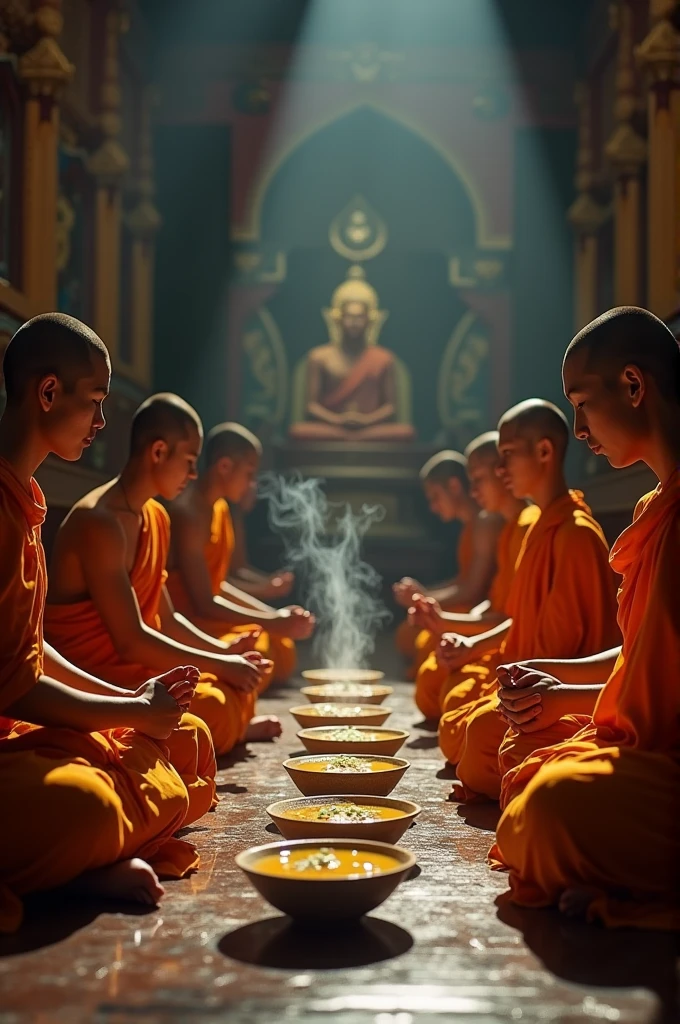 Thai monks are sitting and eating coconut milk curry.