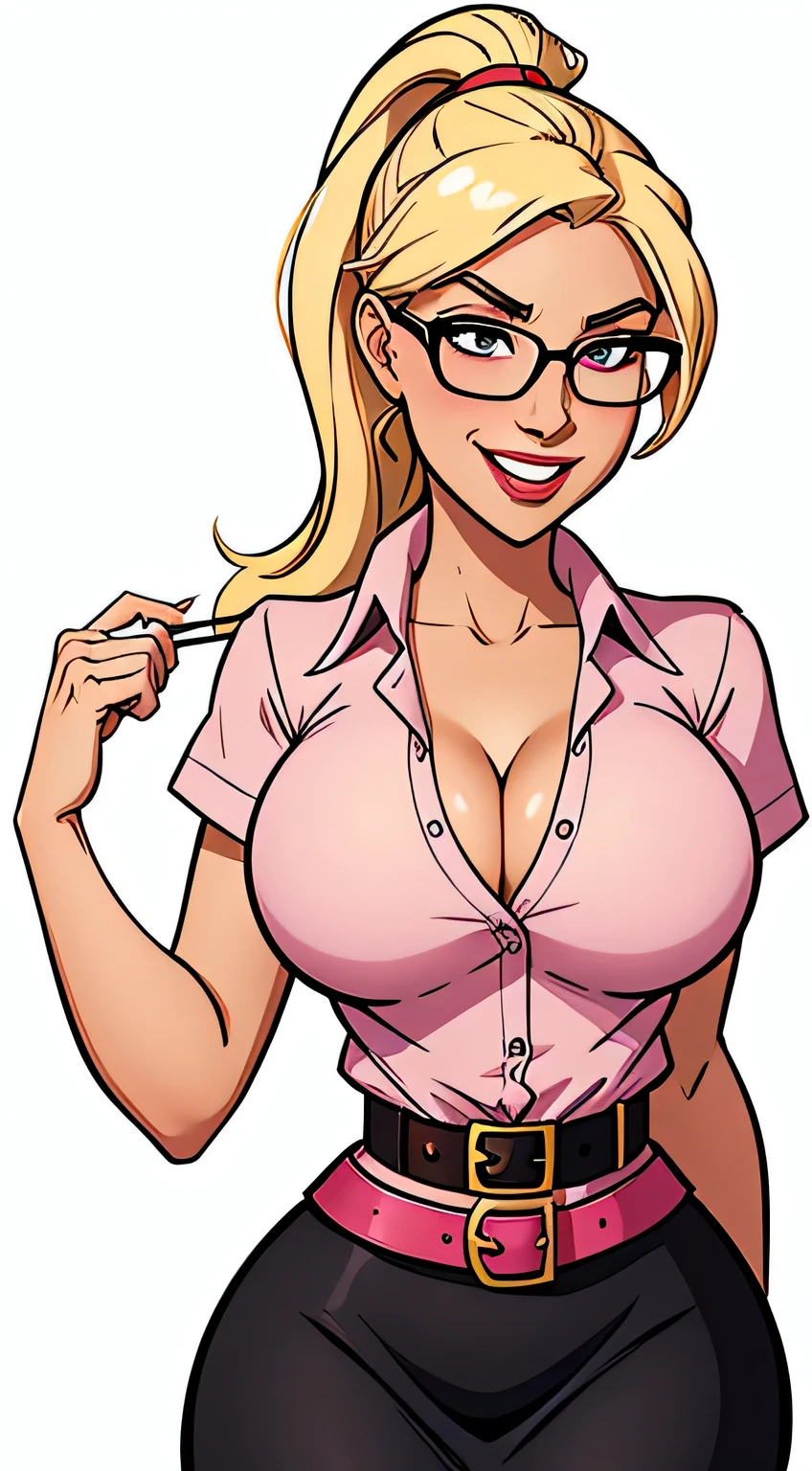 Thin woman, 4K, beautiful smiling, teacher in pink v-neck dress shirt, red belt, long black frilled skirt, Caucasian skin, round glasses, blonde hair with round ponytail, eyes browns (a blinking), busty. comic style, white background.