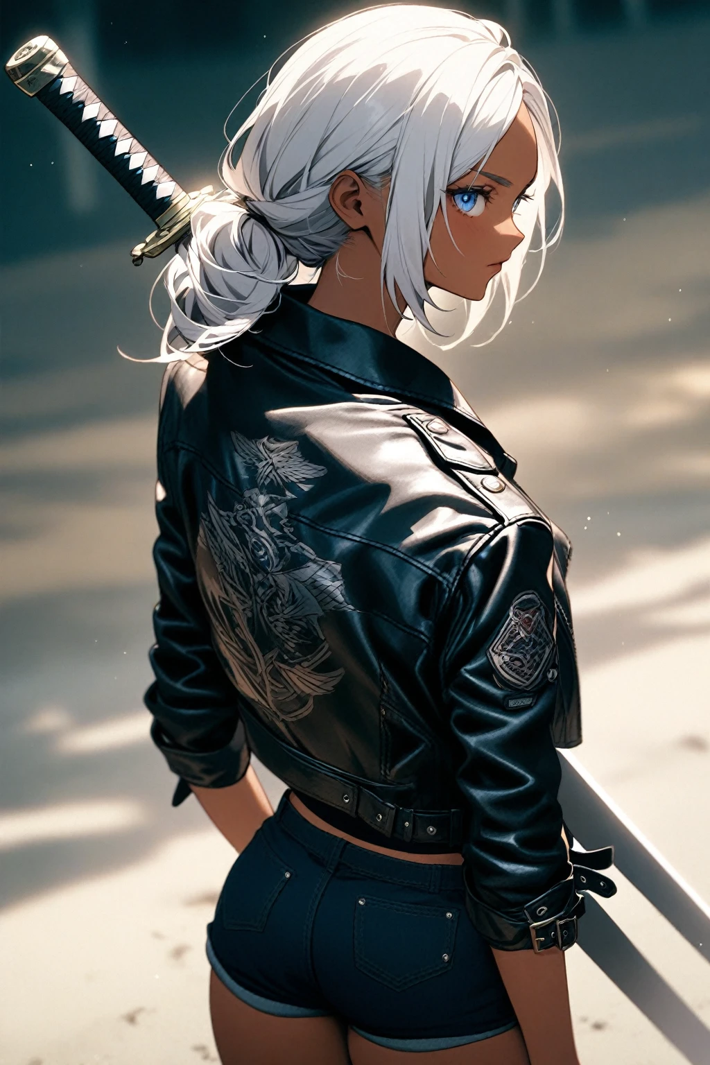 A close-up of a woman with a sword on her back, girl with silver hair, Dark blue shirt, Shorts, blue eyes, leather jacket, Dark skin. 