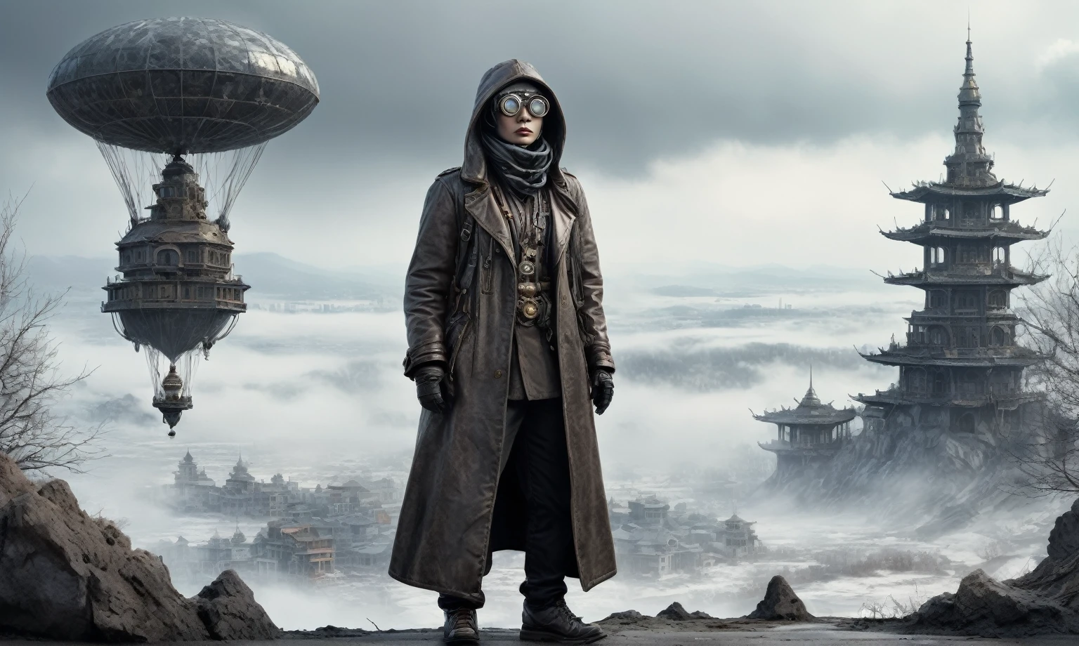 insane pilot from USSR ,pinhead, camouflage Rusty, Ambient in a meteorite ,graphite witch after a psychiatric clinic,winter,intricate landscape,slate grey atmosphere,film grain,faded,eyes extremely detailed,another world,ring of truth,view from height,once pretty face,eyebrow up,full body shot,ominous landscape, Simon Stalenhag,Nicola Samori,full body shot,beggar paladium The Alien Entity,Technicolor,natural skin textures, hyper realism, hyper detailed,Extremely detailed,High contrast,Masterpiece,Realistic,Ultra Detailed, intricate details,realistic humid leather,extremly intricate,Epic Realistic, cinematic style,irina yermolova,high contrast,hdr,extremely detailed, deep night landscape,masterpiece,intricate details,faded,eyes extremely detailed, high detailed eyes,8k resolution,RAW,retina, Nikon Z9,China,Guangxi Zhuang of China,tkt style,ears perfect, transition between two art styles, Ink painting to photorealism, Double contact, X-ray, Creative, vivid light, masterpiece, fantasy, Abstract Surrealism, super detailed, high resolution, stop:35;Her skin is pale, almost translucent,ancient rock,a hot air soars through the layers of clouds, revealing a colossal and enigmatic cityscape nestled within. The buildings in this ethereal city are adorned with intricate details and exude an aura of mystery. Above the cityscape, lend an enchanting touch to the scene. steampunk. The intricate mechanics create a sense of wonder and fascination, as if stepping into a dreamlike realism