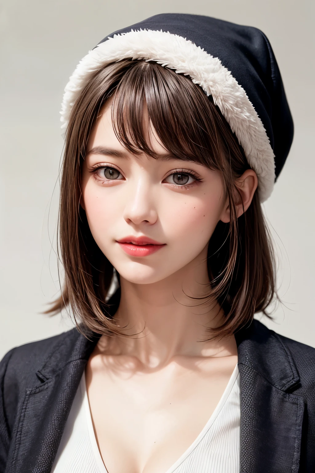 (masterpiece, Highest quality、Very attractive adult beauty、Add strong highlights to the eyes、Please look closely at the camera),One Girl, solo, Black-haired, scarf, hat,, Realistic, Looking at the audience, Light-coloured black eyes, short hair, coat, Winter clothes, White headscarf, Lips, Lip gloss,Bans, Upper body、Big eyes、Eyelashes)、((Italian road system))、((前髪ありshort hair、Big eyes、Give students a very strong highlight、Very large breasts、Staring at the audience、Very beautiful beauty、Listen carefully、Long neck、Smile a little、Beautiful Teeth、Open your mouth and laugh))、28 years old、Very cute supermodel