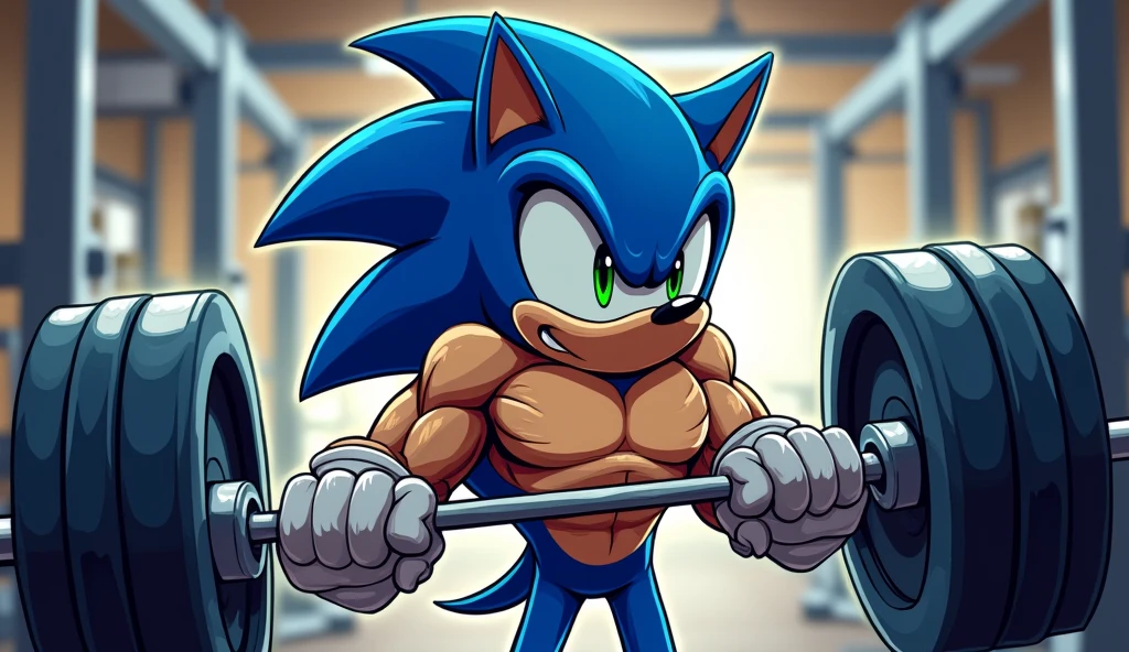 (a t-shirt illustration of a muscular Sonic the hedgehog, Anthropomorphic, Sonic the Hedgehog,male, strong, Barbell, do intense exercise in a gym)