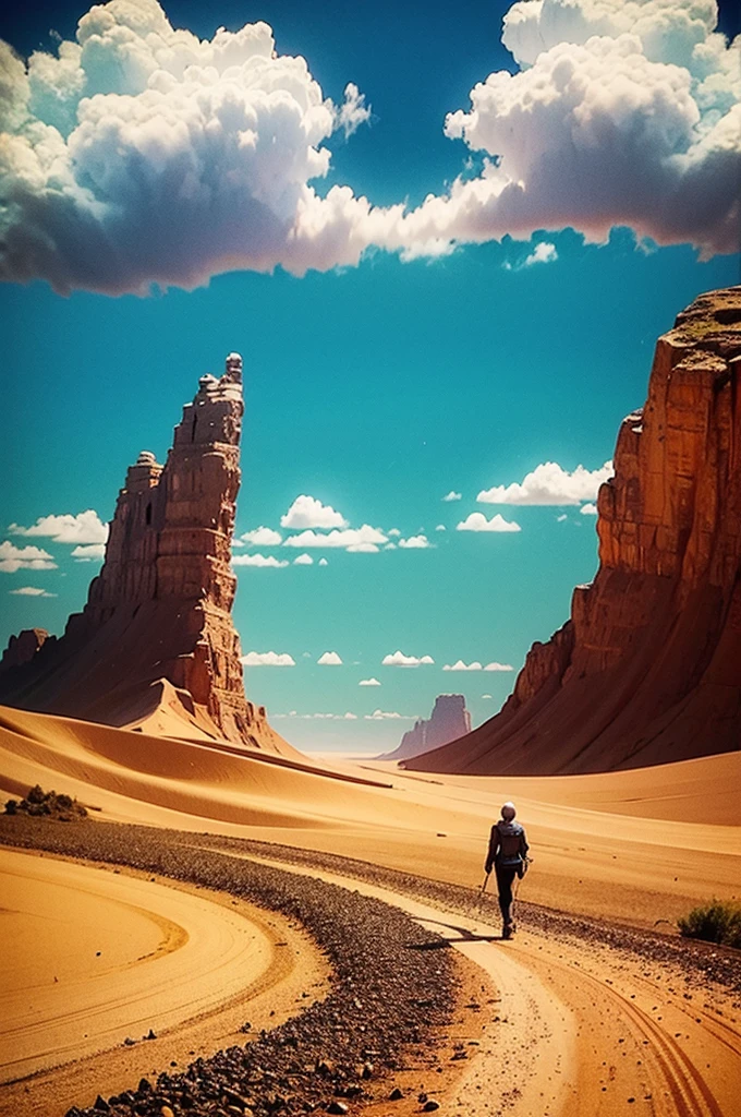 there is a man walking on a dirt road, leaving a desert place and going to a place with green pastures and beautiful blue sky, highlighting the transition from desert to green pastures, epic surrealism 8k oil painting, surreal photography, surrealism 8k, cena surreal, SurrealArt, the journey of life, surreal photo, surreal style, surreal digital art, in a surreal dream landscape, surreal composition, dreamlike surrealism