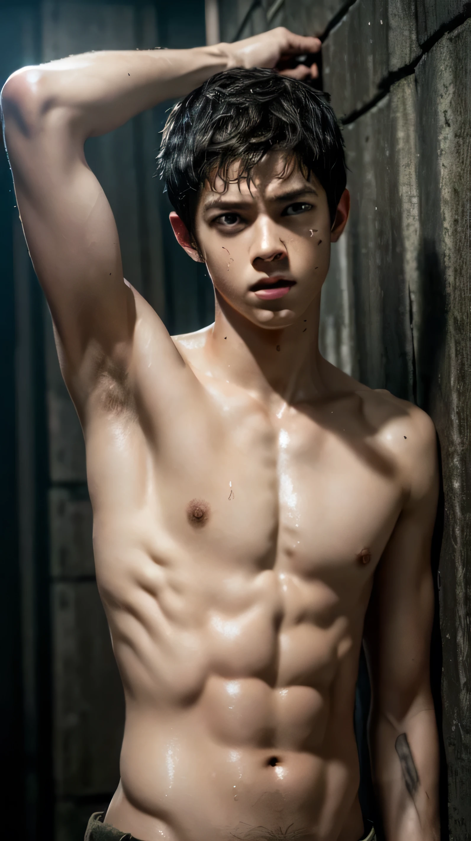 high resolution, realistic, Maze Runner, Thomas, A hyper-realistic, boy, Edgy boy, gorgeous boy face, serious face, skinny body, shirtless, male, sweaty skin, armpit
