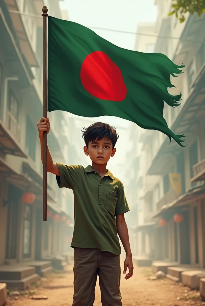 A boy standing with a flag of  bangladesh 