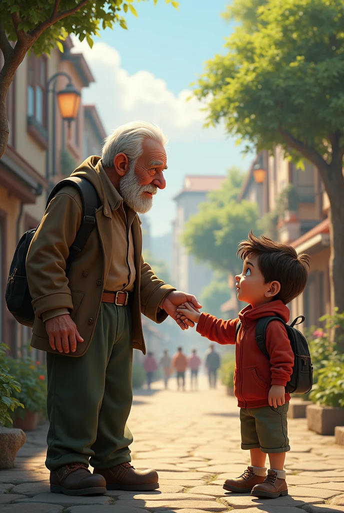 An elderly man tapping the shoulder of a boy, in the background there should be streets and houses and trees 