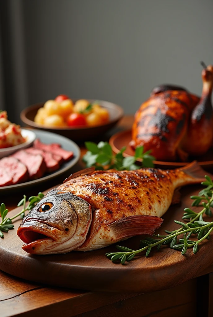 All three foods are clear in the lens,Grilled fish on the table,roast chicken,and grilled steak
