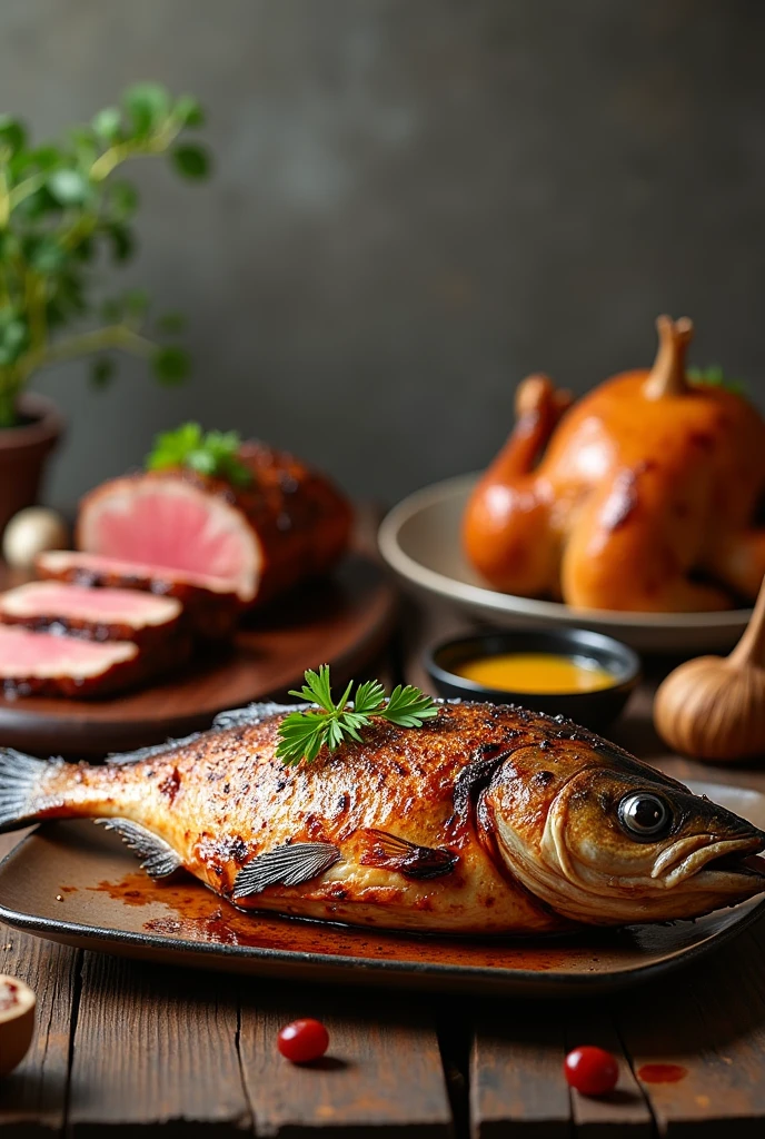 All three foods are clear in the lens,Grilled fish on the table,roast chicken,and grilled steak