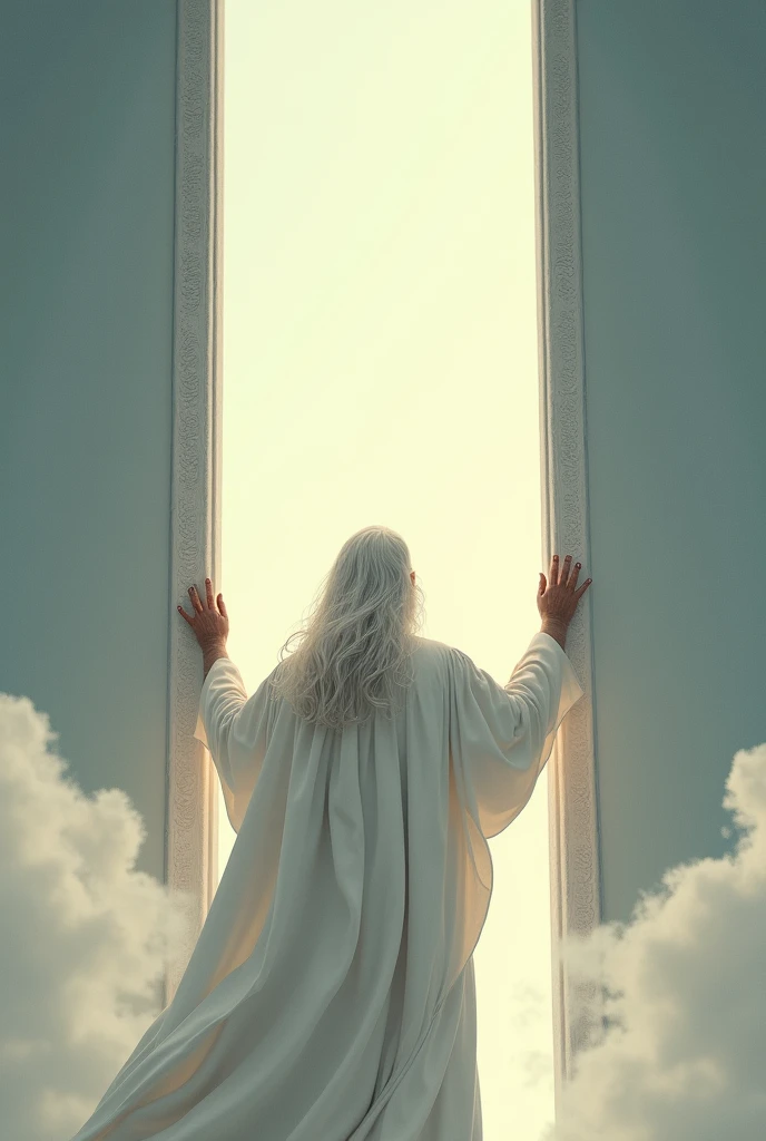 Create an old man dressed in a white robe in the style of biblical times, white beard and white hair standing trying to close a narrow white door in the sky 