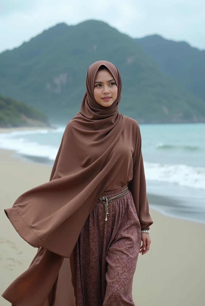 close-up of beautiful Indonesian woman, ) wearing long hijab, walking on the beach, mountain background, UHD