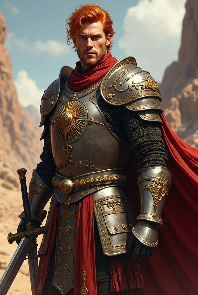 Create a red-haired, green-eyed man of House Martell in his armor taking his sword