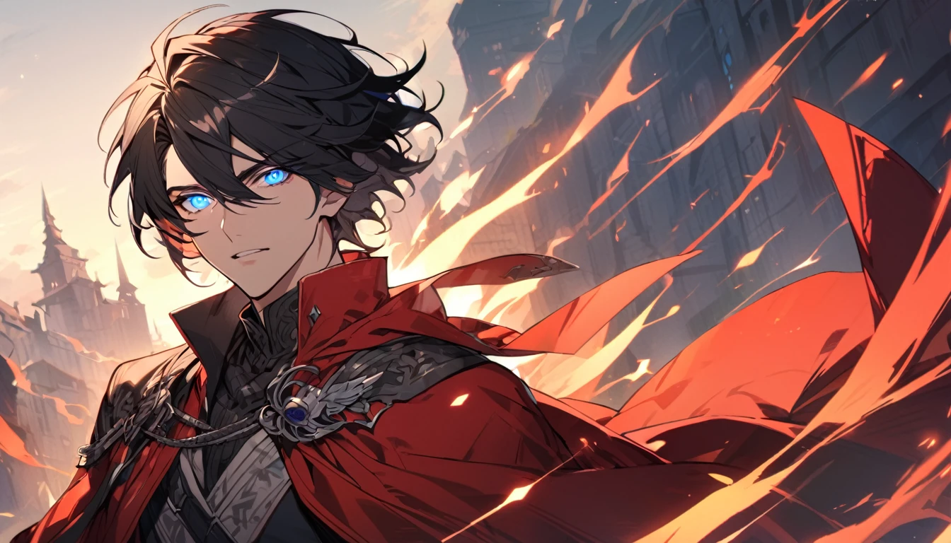 male, solo, handsome, red cloak, black hair, blue eyes, beautiful background,  glowing eyes