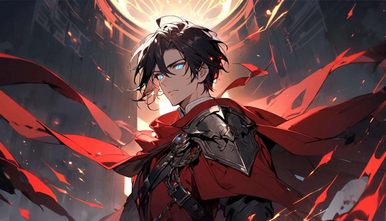 male, solo, handsome, red cloak, black hair, blue eyes, beautiful background, glowing eyes