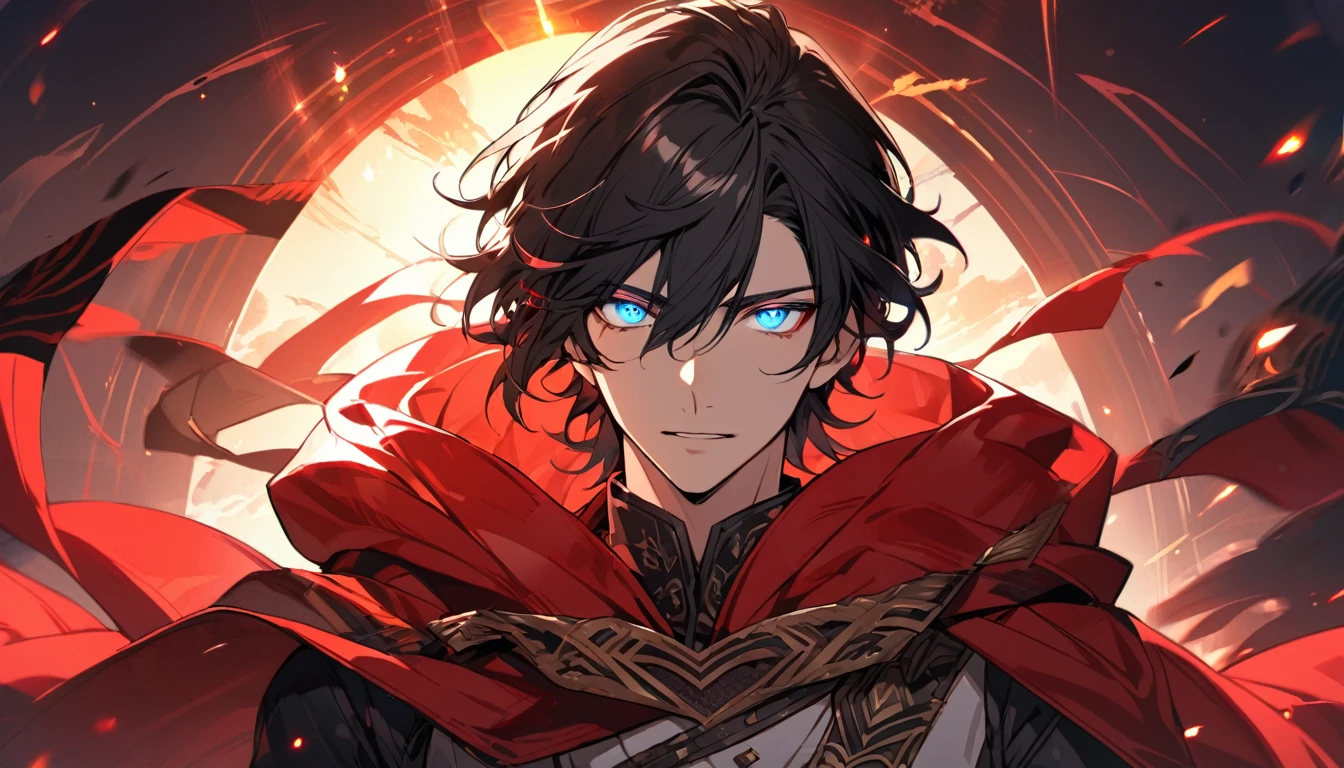 male, solo, handsome, red cloak, black hair, blue eyes, beautiful background, glowing eyes