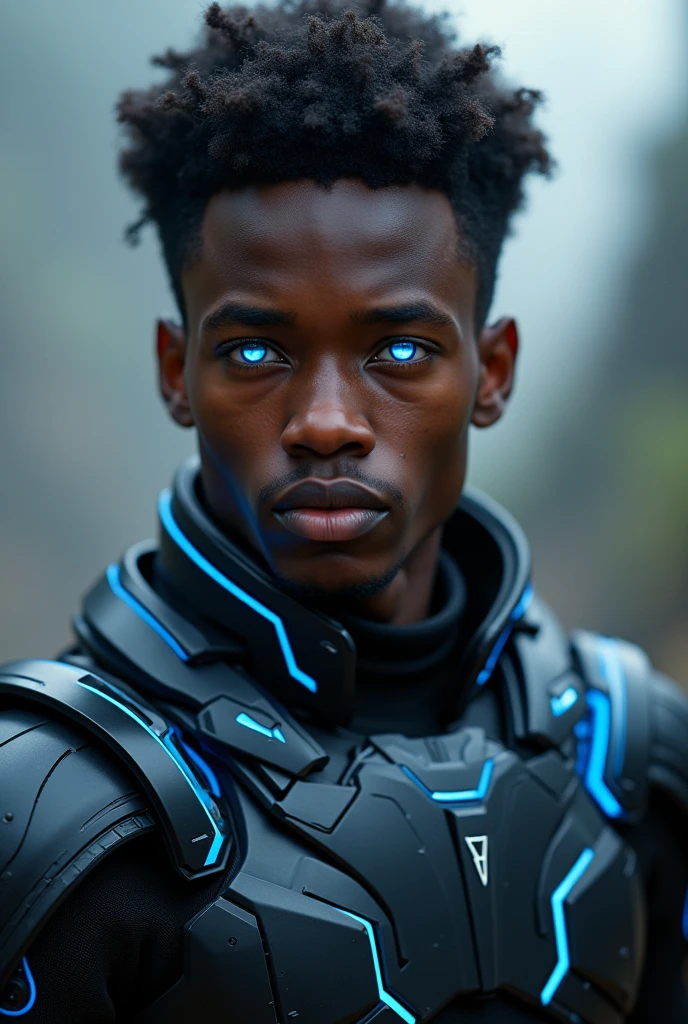 Create an image of a young, dark-skinned man, Black futuristic armor with blue details and short afro hair and blue eyes using blue energy