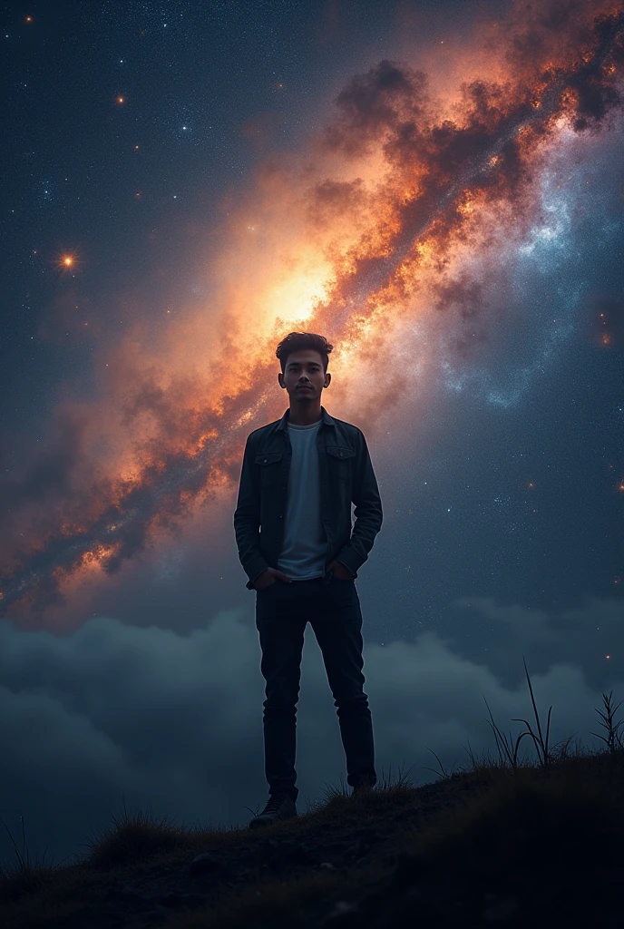 The malaysian man 27 year old, standing look a camera, background (The beginning of creation Beautiful), A wonderful and vast universe with many galaxies. Realistic, professional photography, full hd