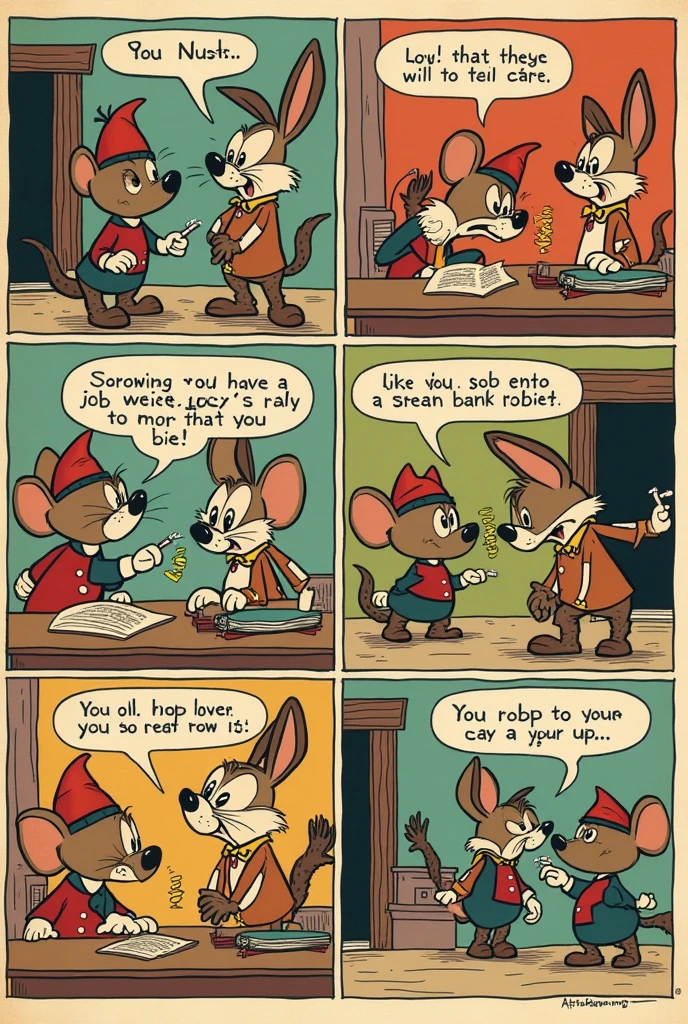 Create a comic strip with a story and old cartoons and they are talking about how to rob a bank