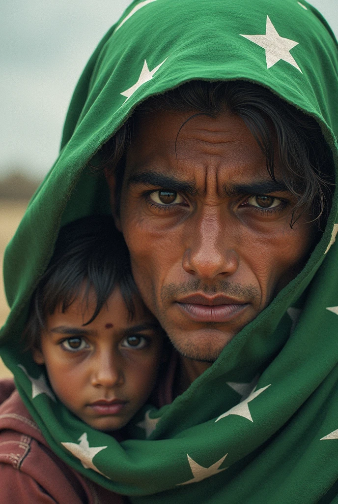 akistani Flag locks. In background Pakistani poor people...