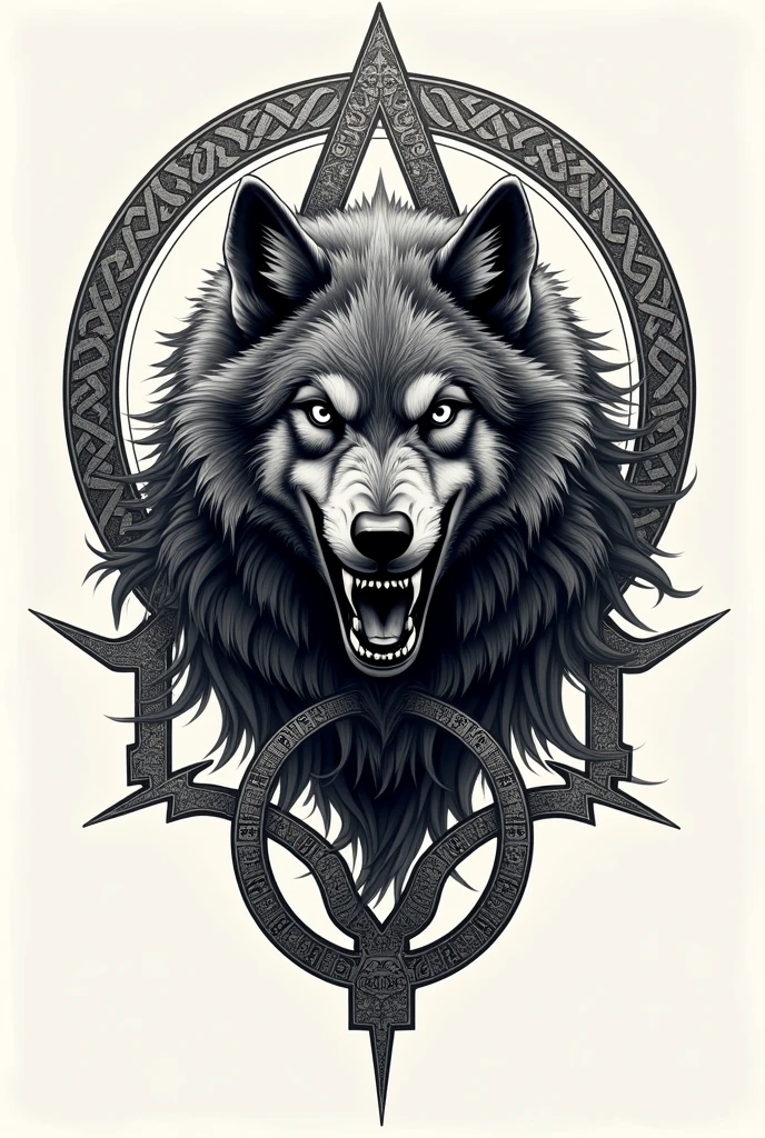 Generate an image that combines the Fenrir wolf of Nordic culture with the Valknut and Triskel symbols (triskel is a Celtic symbol).
Use these things to generate a tattoo image