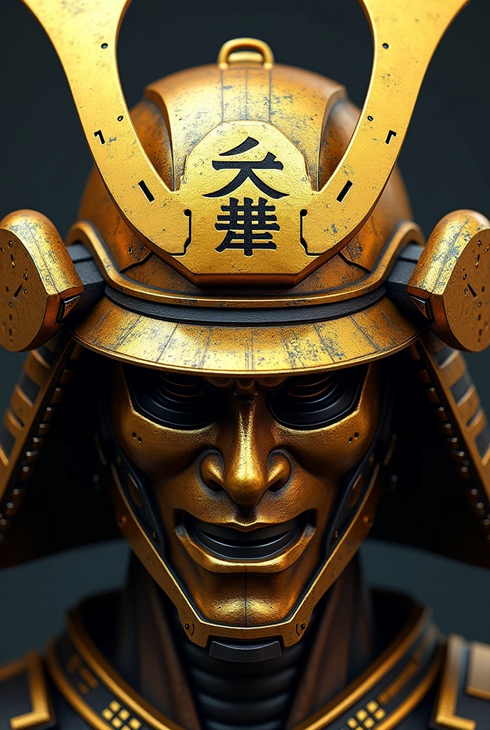 A golden Japanese samurai mask with components simulating electronic applications，Use on maskＩＣElectronic chip components andＣＰＵdecorate，The Japanese family crest is printed on it