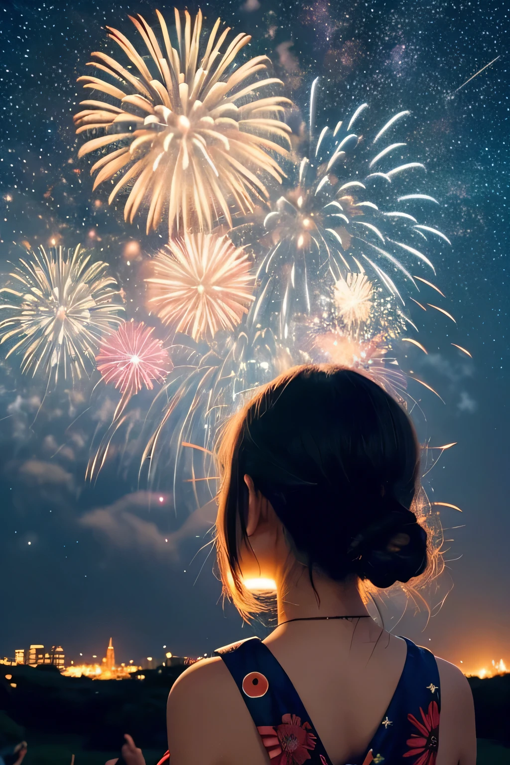 Ghibli style、Fireworks display、Huge fireworks bursting into the night sky、yukata、Rear view、Fireworks all over the night sky、Night view、(The vast starry sky:1.4)、Twinkle Star、Milky Way in 7 colors、Beautiful skyline、shrine、Summer festival、Very tense and dramatic footage、Moving visual effects、Colorful night with natural light