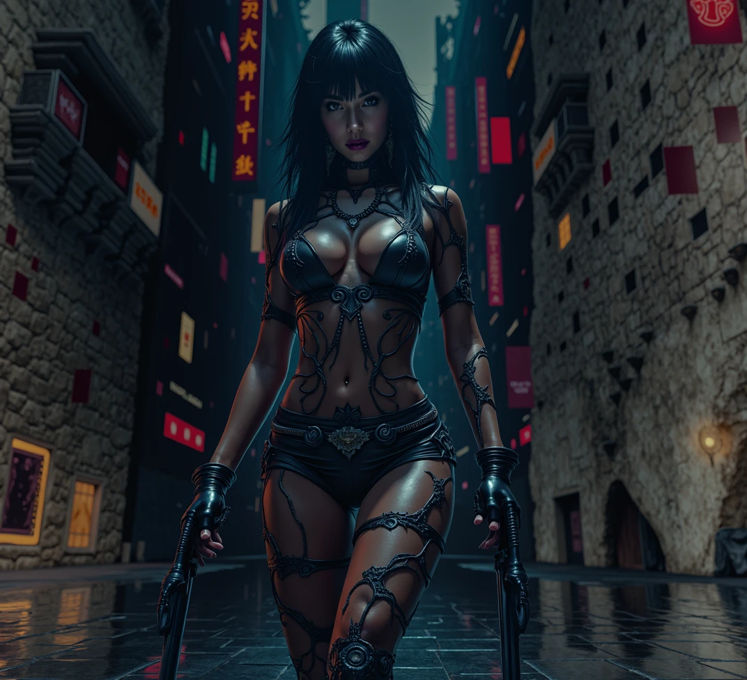 (complex two subjects) best quality,4k,8k,highres,masterpiece:1.2),ultra-detailed,(realistic,photorealistic,photo-realistic:1.37),Sofía Vergara as the sexy Joker. With her alluring charm, she embodies the mischievousness and playfulness of the character. Her eyes captivate with their mesmerizing gaze, drawing you into her world. Her detailed lips, slightly parted in a seductive smile, add to her allure. Kelly Hu takes on the role of Harley Quinn, exuding a distinct sense of craziness and mischief. She flirts with danger and steals the spotlight with her flirtatious expressions and exaggerated gestures. Her vibrant makeup and colorful hair reflect the colorful chaos that surrounds her. The scene is set in the immersive world of Gotham City, with its dark and brooding atmosphere. The city skyline, illuminated by the neon lights of the Joker's antics, creates a haunting backdrop. Both characters are armed with Joker weapons, showcasing their dangerous and unpredictable nature. Sofía Vergara wields an intricately designed weapon, showcasing her power and control. Kelly Hu's weapon complements her wild and unpredictable personality, adding an extra touch of chaos to the scene. The artwork is created in a medium that combines the vividness of illustrations and the richness of oil paintings. With every brushstroke and detail, the image comes to life, evoking the essence of these iconic characters and their unique personalities. The color palette leans towards vibrant and bold hues, reflecting the flamboyant and larger-than-life personalities of the characters. The lighting is dramatic, casting shadows and highlighting the characters' features, adding depth and intensity to the scene. The resulting image is a high-quality masterpiece that captures the essence of these two iconic characters, bringing them to life in a visually stunning and immersive way.