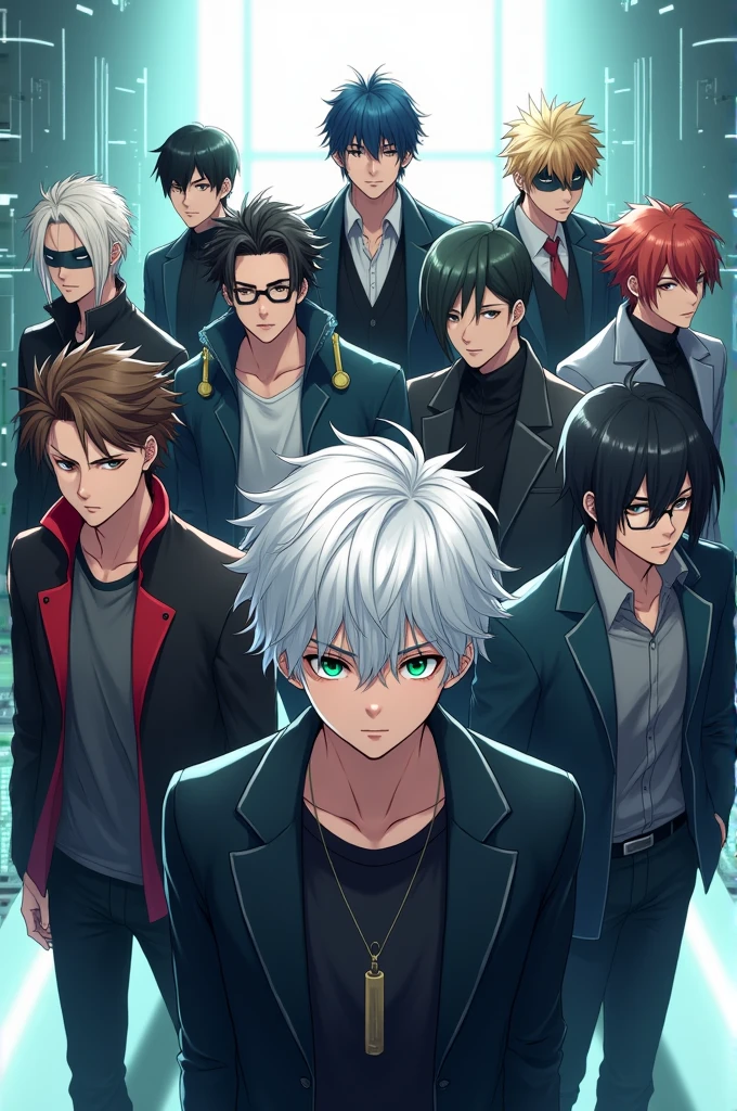 An anime picture of 10 masked geniuses with a main character who is a white-haired, green-eyed male and a black-haired, bespectacled male who is a hacker. 