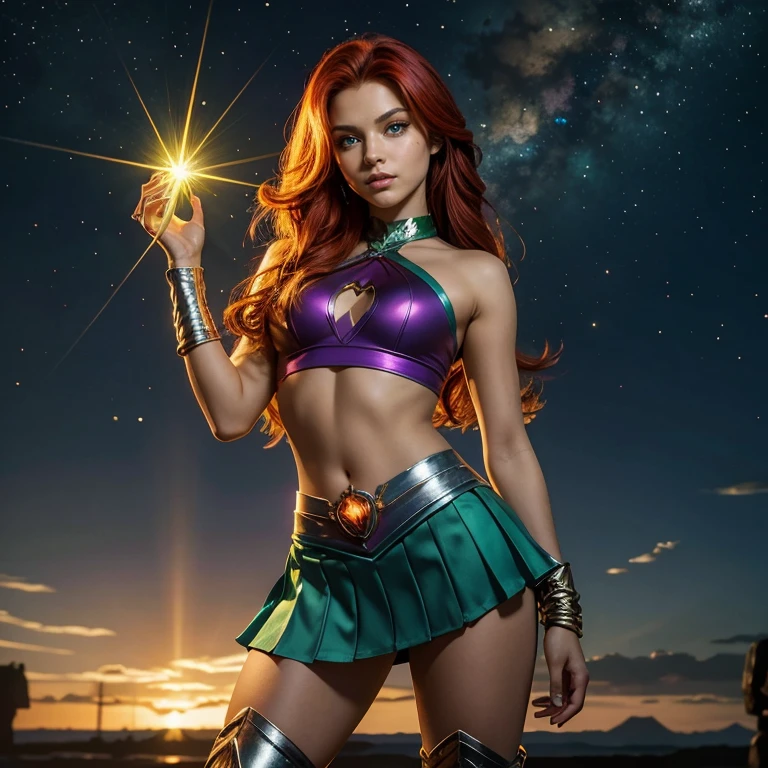 (masterpiece, best quality:1.5), highest quality, High resolution, super detailed, Realists, Full body photo of 18-year-old Starfire from Teen Titans, detailed and beautiful green eyes, beautiful detailed lips, very detailed eyes and face, longeyelashes, additional eyebrows in the forehead area, Beautiful and colorful makeup, Fighting Pose, dark red hair, slightly orange skin, bright daylight, bright colors, fine brushstrokes, Portrait style, beautiful color palette, glowing skin, First-class rendering, that captures every detail, enchanting atmosphere, (perfect anatomy:1.2), (The stunning Starfire wears a dark blue top with shoulder plate, silver skirt and dark blue overknee boots.Animated series Teen Titans 2003, Starfire flies through the air, Energy glows green in her hands. panoramic view:1.2)