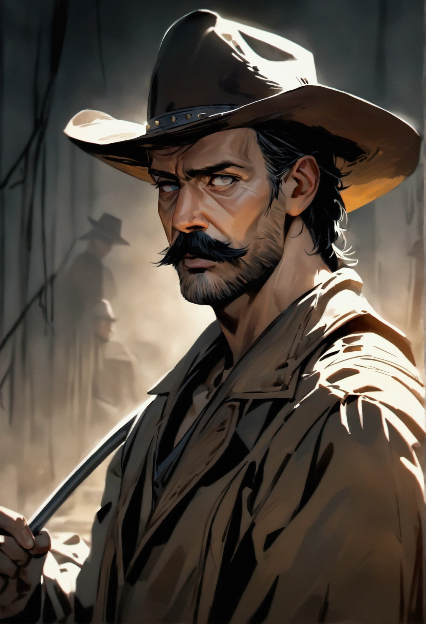 Make a western outlaw with a robust and charismatic appearance, his posture must be heroic and authoritative. He is approximately 40 years old with short hair. He is tall, thin, and lanky and holding a pick axe. His face shows determination and rugged masculinity, with dark, piercing eyes that have seen many battles. He wears a bold handlebar mustache that adds to his authoritative appearance. He is wearing a cowboy hat and prospector clothes. draw the character from the front. high quality, detailed, expressionistic, moody colors, dramatic shadows and highlights, gritty, artwork, 8K, photorealistic