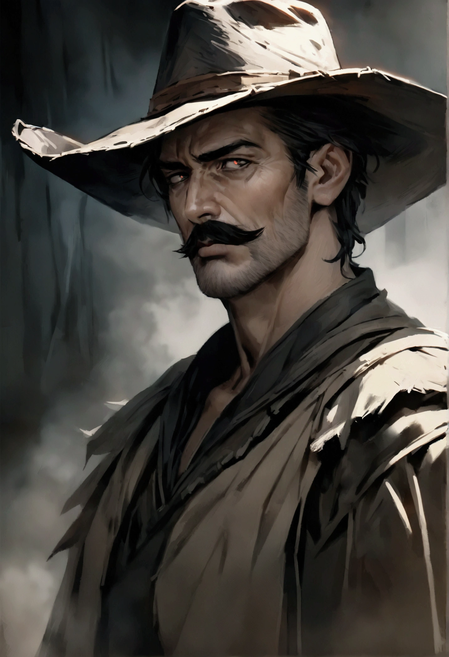 Make a western outlaw with a robust and charismatic appearance, his posture must be heroic and authoritative. He is approximately 40 years old with short hair. He is tall, thin, and lanky and holding a pick axe. His face shows determination and rugged masculinity, with dark, piercing eyes that have seen many battles. He wears a bold handlebar mustache that adds to his authoritative appearance. He is wearing a cowboy hat and prospector clothes. draw the character from the front. high quality, detailed, expressionistic, moody colors, dramatic shadows and highlights, gritty, artwork, 8K, photorealistic
