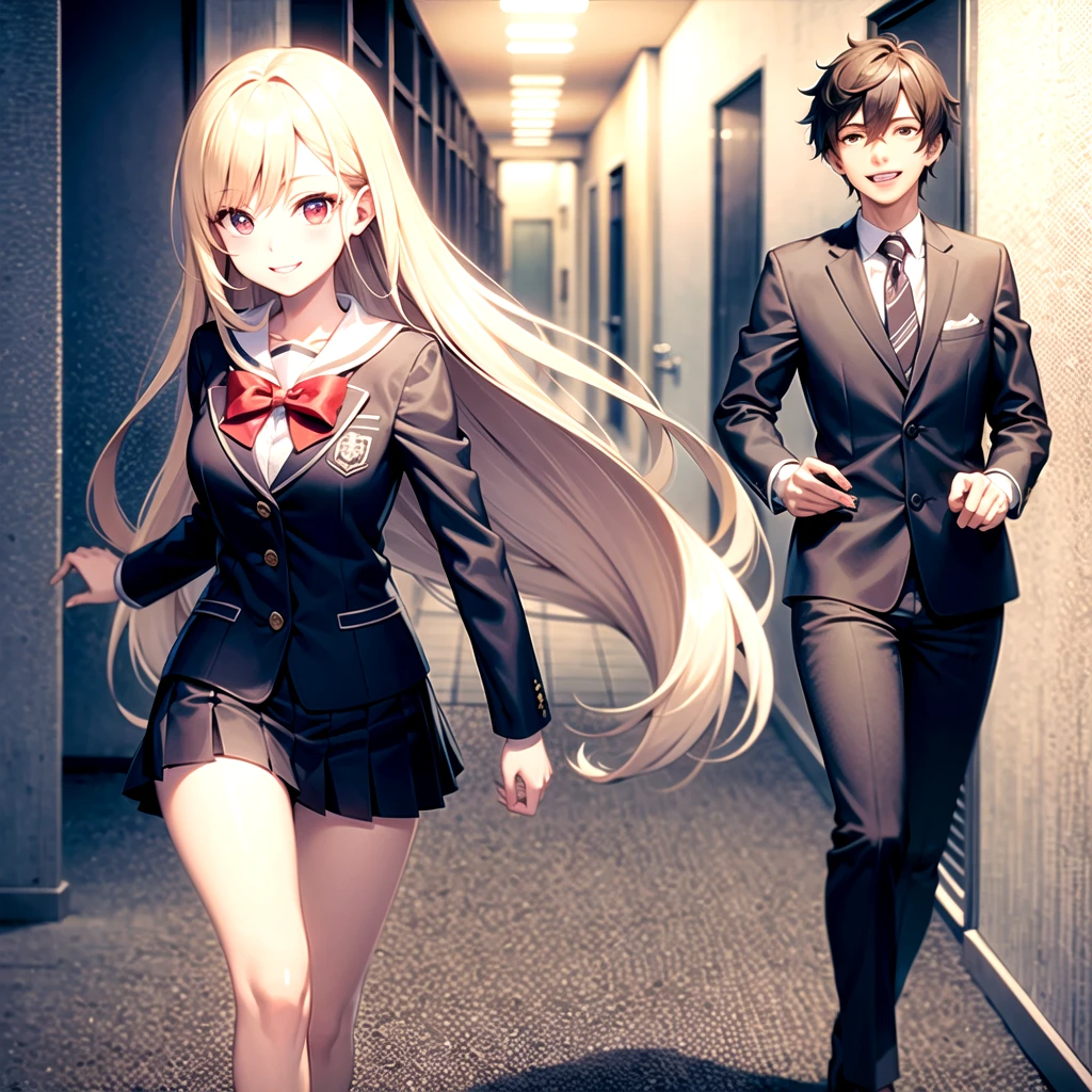 Blonde long hair high school girl、Red eyes、Sailor suit、blazer、school hallway stairs、Running、Owns broadcasting equipment、smile
