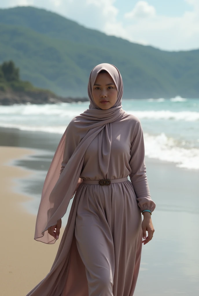 close-up of beautiful Indonesian woman, ) wearing long hijab, walking on the beach, mountain background, UHD