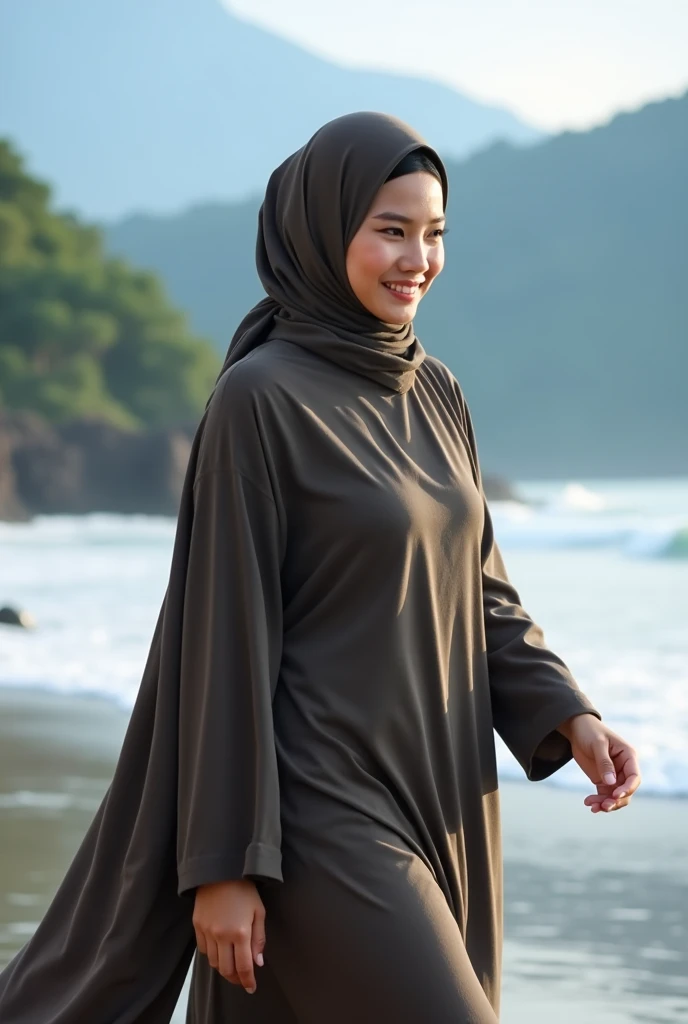 close-up of beautiful Indonesian woman, ) wearing long hijab, walking on the beach, mountain background, UHD